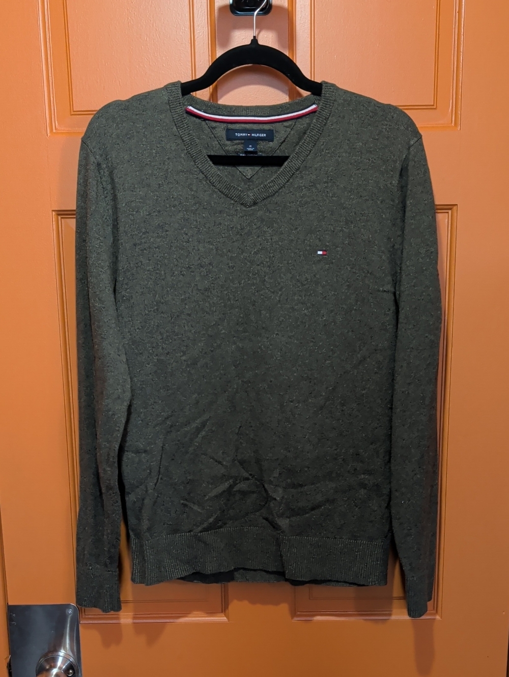 Tommy Hilfiger Men's Olive Green V-Neck Sweater with Subtle Logo